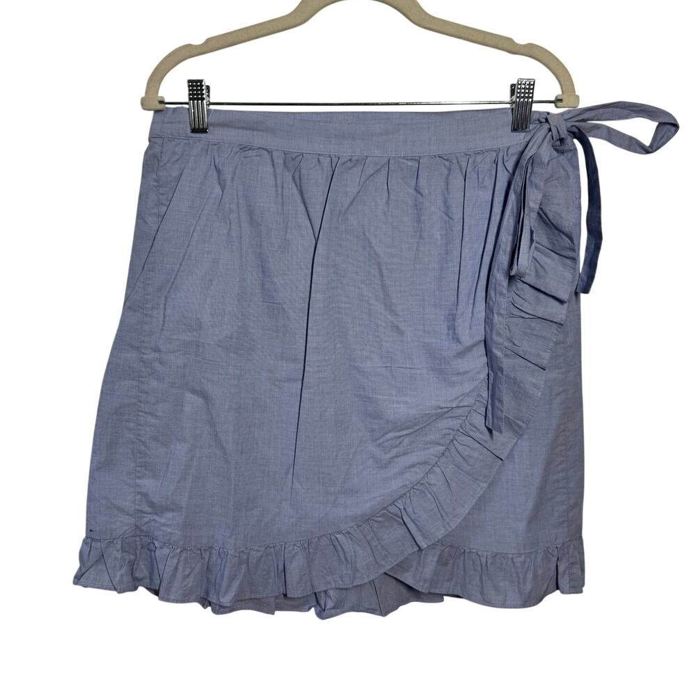 J.Crew Wrap Mini Skirt 100% Cotton Poplin Women 12 Blue Preppy Ruffle Spring